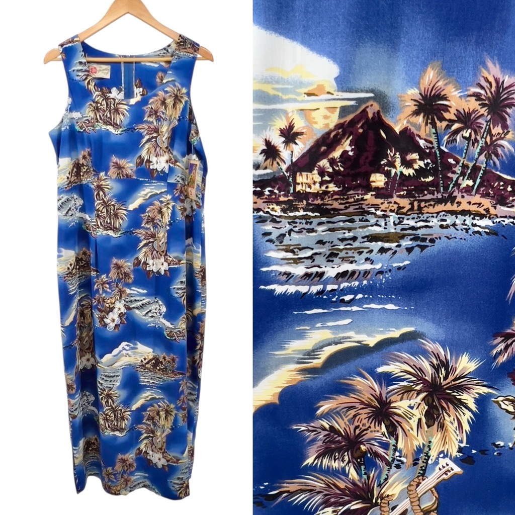 Vtg Hilo Hattie Nwt Hawaiian Maxi Dress Sz 16 Blue Floral Island Print Sleeveles